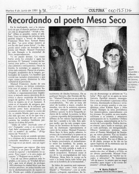 Recordando al poeta Mesa Seco  [artículo] Matías Rafide B.