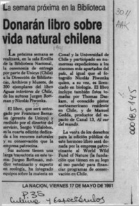 Donarán libro sobre vida natural chilena  [artículo].