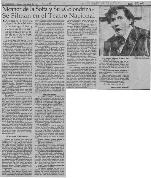 Nicanor de la Sotta y su "Golondrina" se filman en el Teatro Nacional  [artículo] Juan Antonio Muñoz H.