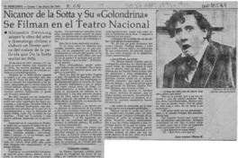 Nicanor de la Sotta y su "Golondrina" se filman en el Teatro Nacional  [artículo] Juan Antonio Muñoz H.