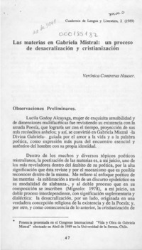Las materias en Gabriela Mistral, un proceso de desacralización y cristianización  [artículo] Verónica Contreras Hauser.