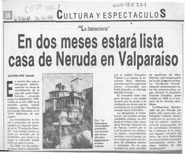 En dos meses estará lista casa de Neruda en Valparaíso  [artículo] Guillermo Jofré.