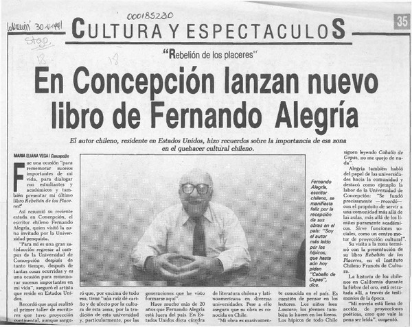 En Concepción lanzan nuevo libro de Fernando Alegría  [artículo] María Eliana Vega.