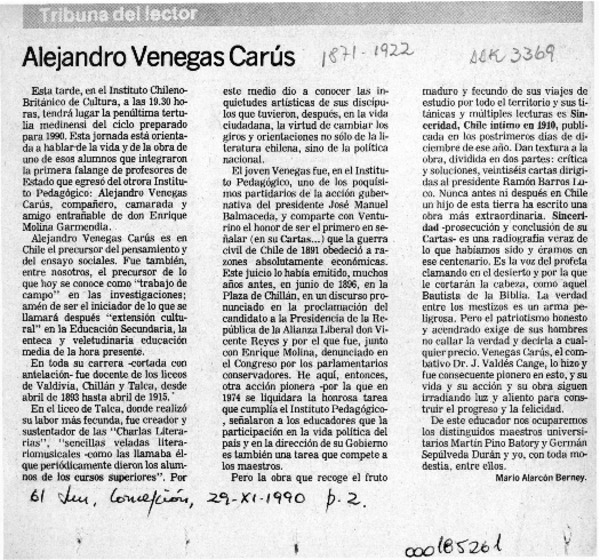 Alejandro Venegas Carús  [artículo] Mario Alarcón Berney.