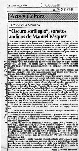 "Oscuro sortilegio", sonetos andinos de Manuel Vásquez  [artículo] Pedro Mardones Barrientos.