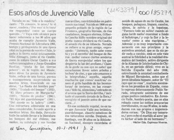 Esos años de Juvencio Valle  [artículo] Héctor Edo. Espinoza Viveros.