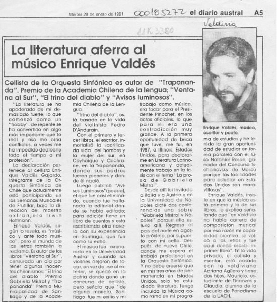 La Literatura aferra al músico Enrique Valdés