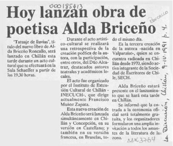 Hoy lanzan obra de poetisa Alda Briceño  [artículo].