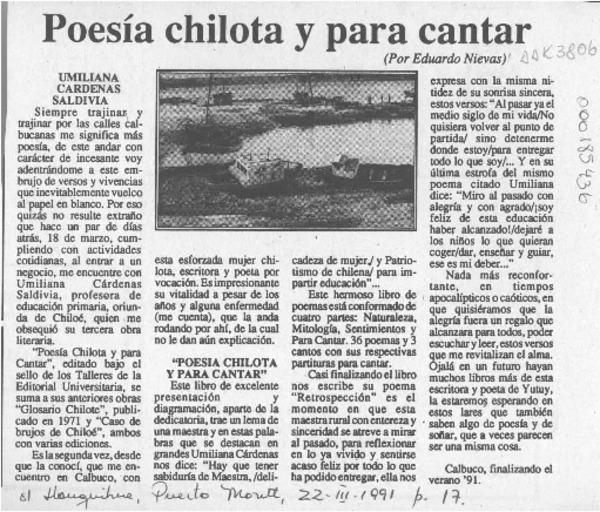 Poesía chilota y para cantar  [artículo] Eduardo Nievas.