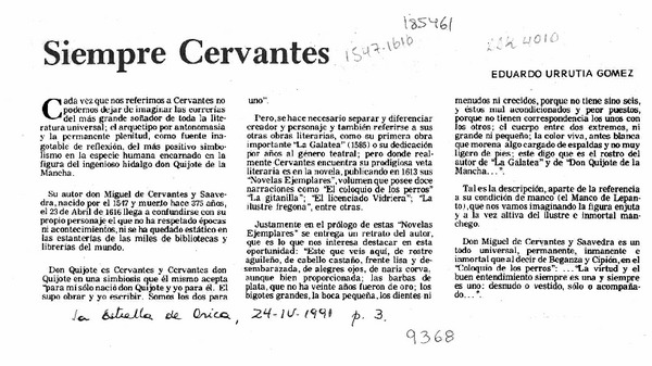 Siempre Cervantes  [artículo] Eduardo Urrutia Gómez.
