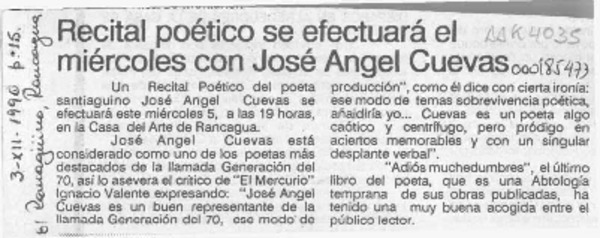 Recital poético se efectuará el miércoles con José Angel Cuevas  [artículo].