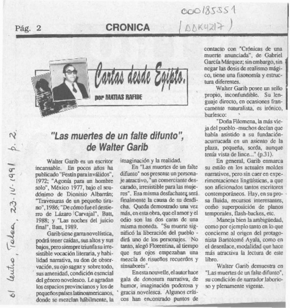 "Las muertes de un falte difunto", de Walter Garib  [artículo] Matías Rafide.