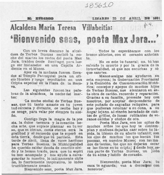 Alcaldesa María Teresa Villabeitía, "Bienvenido seas, poeta Max Jara --"  [artículo].