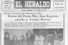 Restos del poeta Max Jara ya están en Yerbas Buenas  [artículo].