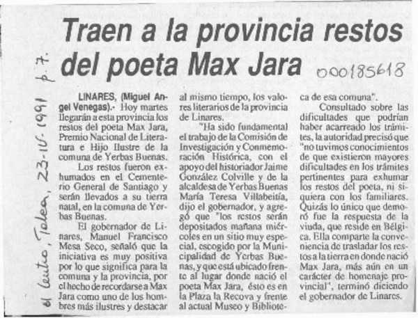 Traen a la provincia restos del poeta Max Jara  [artículo].