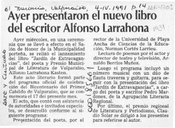 Ayer presentaron el nuevo libro del escritor Alfonso Larrahona  [artículo].