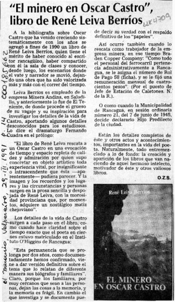 "El minero en Oscar Castro", libro de René Leiva Berríos  [artículo] O. Z. S.