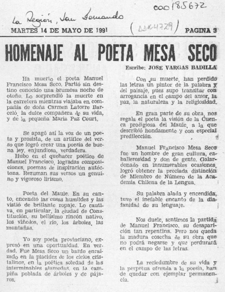 Homenaje al poeta Mesa Seco  [artículo] José Vargas Badilla.