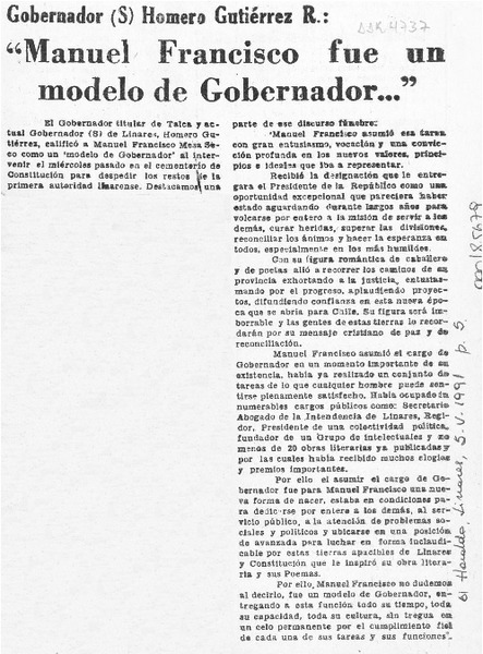 Gobernador (S) Homero Gutiérrez R., "Manuel Francisco fue un modelo de gobernador --"  [artículo].