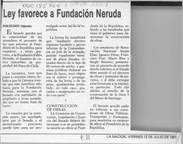 Ley favorece a Fundación Neruda  [artículo] Iván Delgado.
