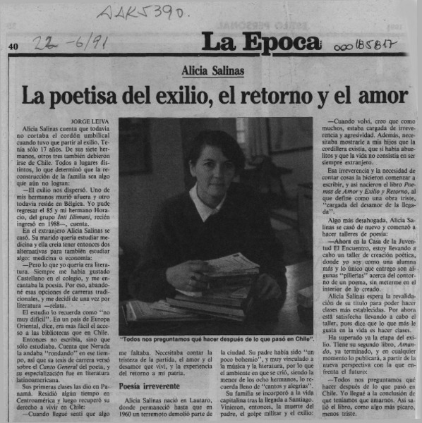 La poetisa del exilio, el retorno y el amor  [artículo] Jorge Leiva.