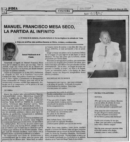 Manuel Francisco Mesa Seco, la partida al infinito  [artículo] Samuel Madonado de la Fuente.