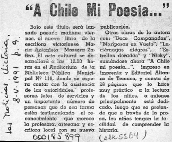 "A Chile mi poesía --"  [artículo].