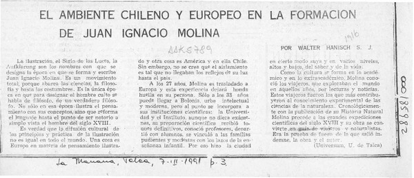 El ambiente chileno y europeo en la formación de Juan Ignacio Molina  [artículo] Walter Hanisch.