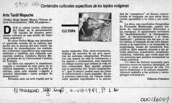 Arte textil mapuche  [artículo] Vittorio Cintolesi.