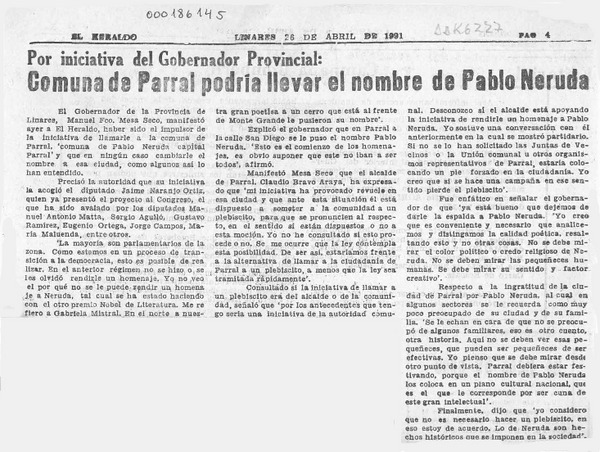 Comuna de Parral podría llevar el nombre de Pablo Neruda  [artículo].