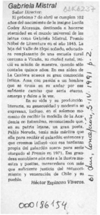 Gabriela Mistral  [artículo] Héctor Espinoza Viveros.