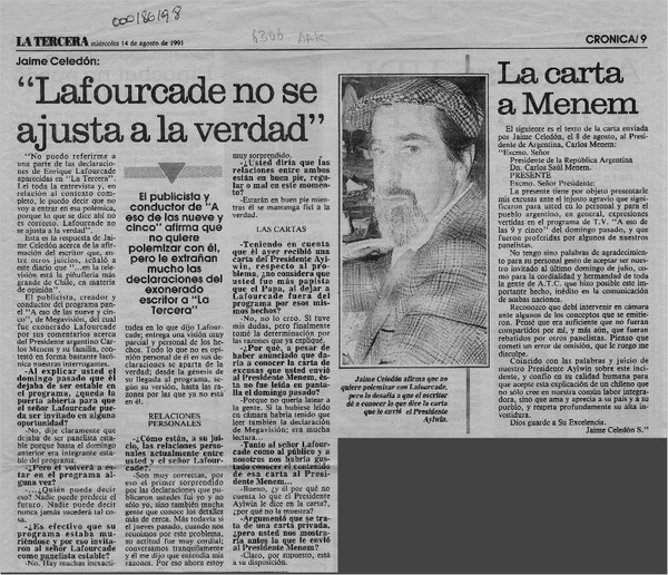 Jaime Celedón, "Lafourcade no se ajusta a la verdad"  [artículo].