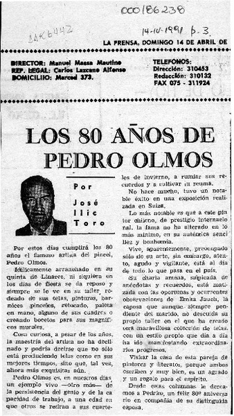 Los 80 años de Pedro Olmos  [artículo] José Ilic Toro.