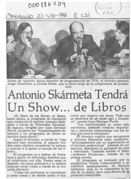 Antonio Skármeta tendrá un show -- de libros  [artículo].