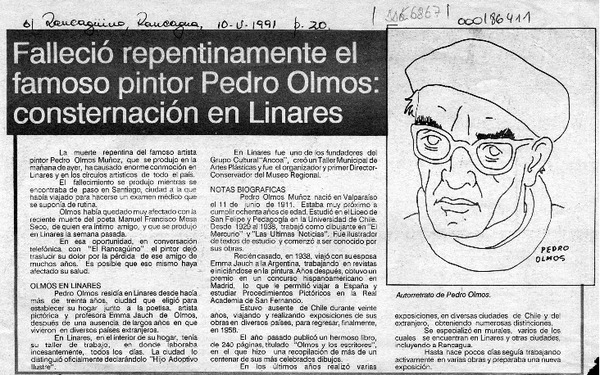 Falleció repentinamente el famoso pintor Pedro Olmos, consternación en Linares  [artículo].