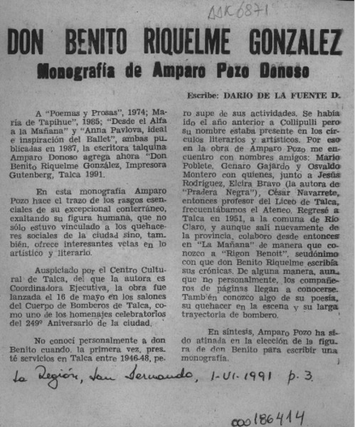 Don Benito Riquelme González  [artículo] Darío de la Fuente D.