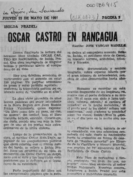 Oscar Castro en Rancagua  [artículo] José Vargas Badilla.