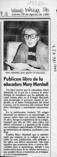 Publican libro de la educadora Mary Marshall  [artículo].