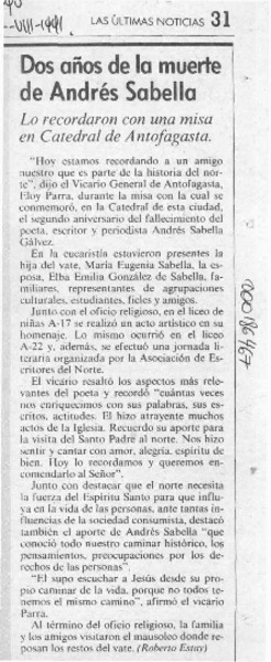Dos años de la muerte de Andrés Sabella  [artículo].