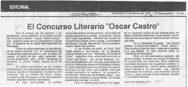 El concurso literario "Oscar Castro"  [artículo] Héctor González V.