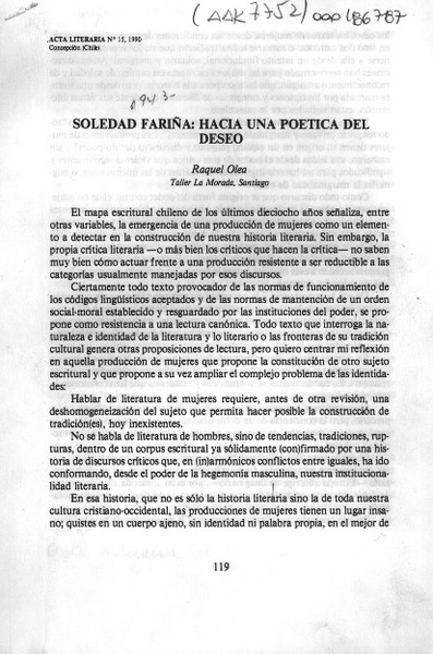 Soledad Fariña, hacia una poética del deseo  [artículo] Raquel Olea.