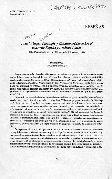Juan Villegas, "Ideología y discurso crítico sobre el teatro de España y América Latina"  [artículo] Patricia Pinto.