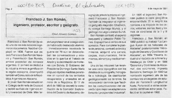 Francisco J. San Román, ingeniero, profesor, escritor y geógrafo  [artículo] Oriel Alvarez Gómez.