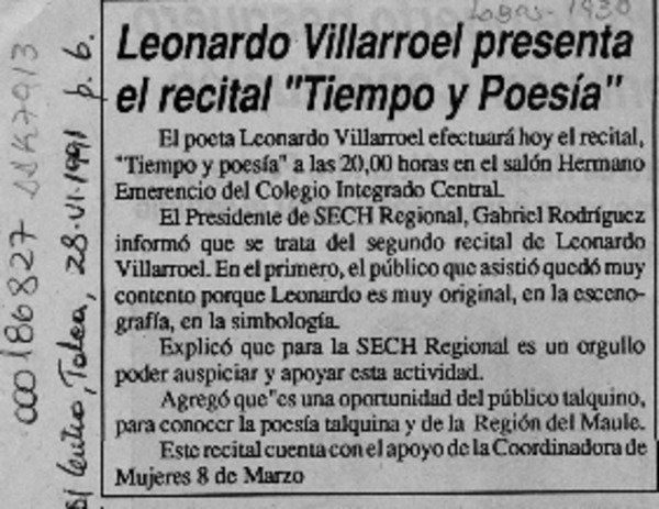 Leonardo Villarroel presenta el recital "Tiempo y poesía"  [artículo].