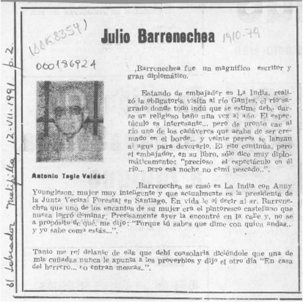 Julio Barrenechea  [artículo] Antonio Tagle Valdés.