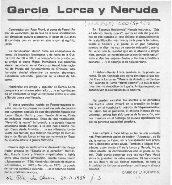 García Lorca y Neruda  [artículo] Darío de la Fuente D.