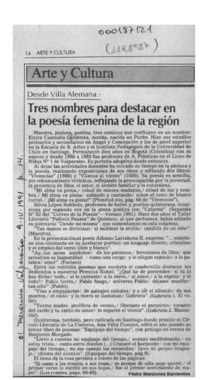 Tres nombres para destacar en la poesía femenina de la región  [artículo] Pedro Mardones Barrientos.
