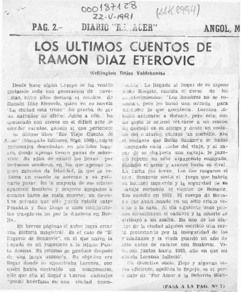 Los últimos cuentos de Ramón Díaz Eterovic  [artículo] Wellington Rojas Valdebenito.