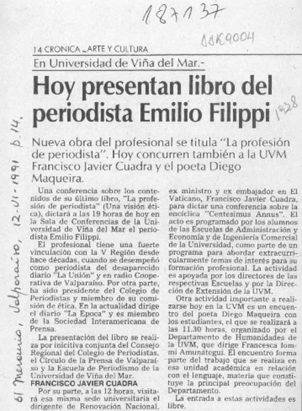 Hoy presentan libro del periodista Emilio Filippi  [artículo].