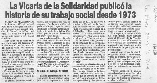 La Vicaría de la Solidaridad publicó historia de su trabajo social desde 1973  [artículo] Marializ Maldonado.
